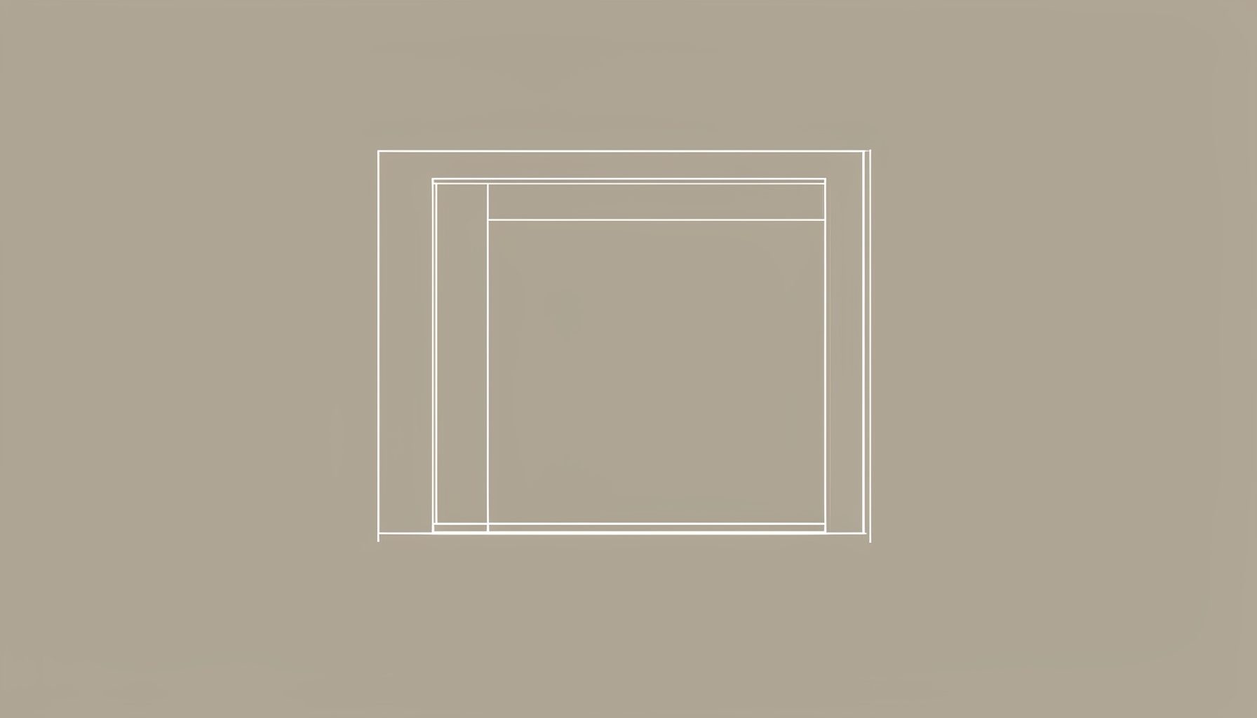 A small square technical blueprint sketch in soft taupe and charcoal lines depicting a simple room outline, quiet and minimal mood