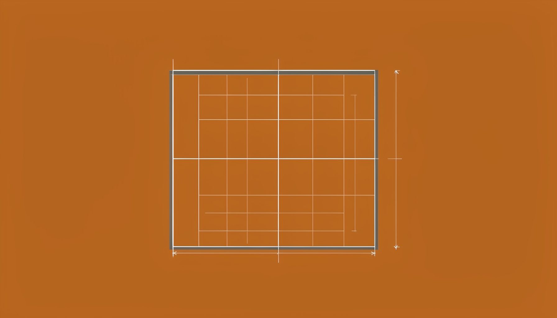 A small square technical blueprint sketch in warm wood-tone and slate lines depicting a simple layout grid, understated mood
