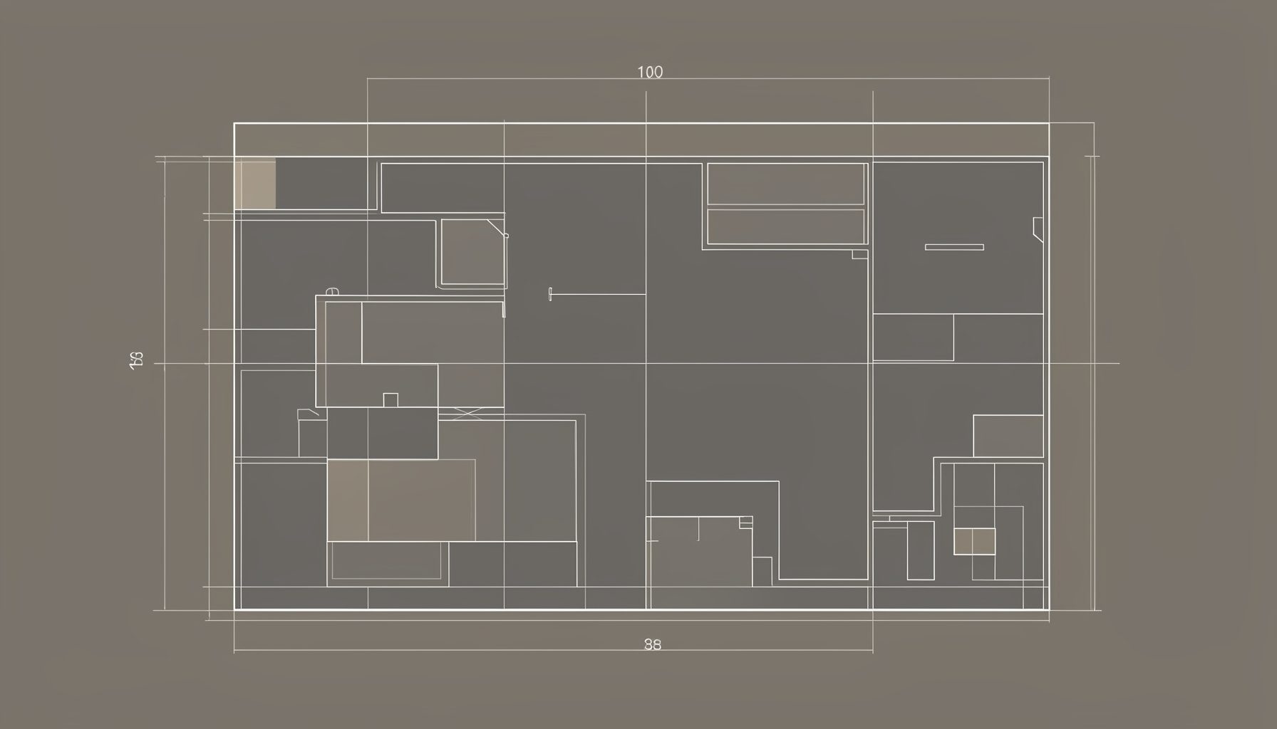 A wide architectural blueprint style illustration in muted charcoal gray and warm beige tones, showing simple outlined shapes suggesting an open layout, calm and orderly mood