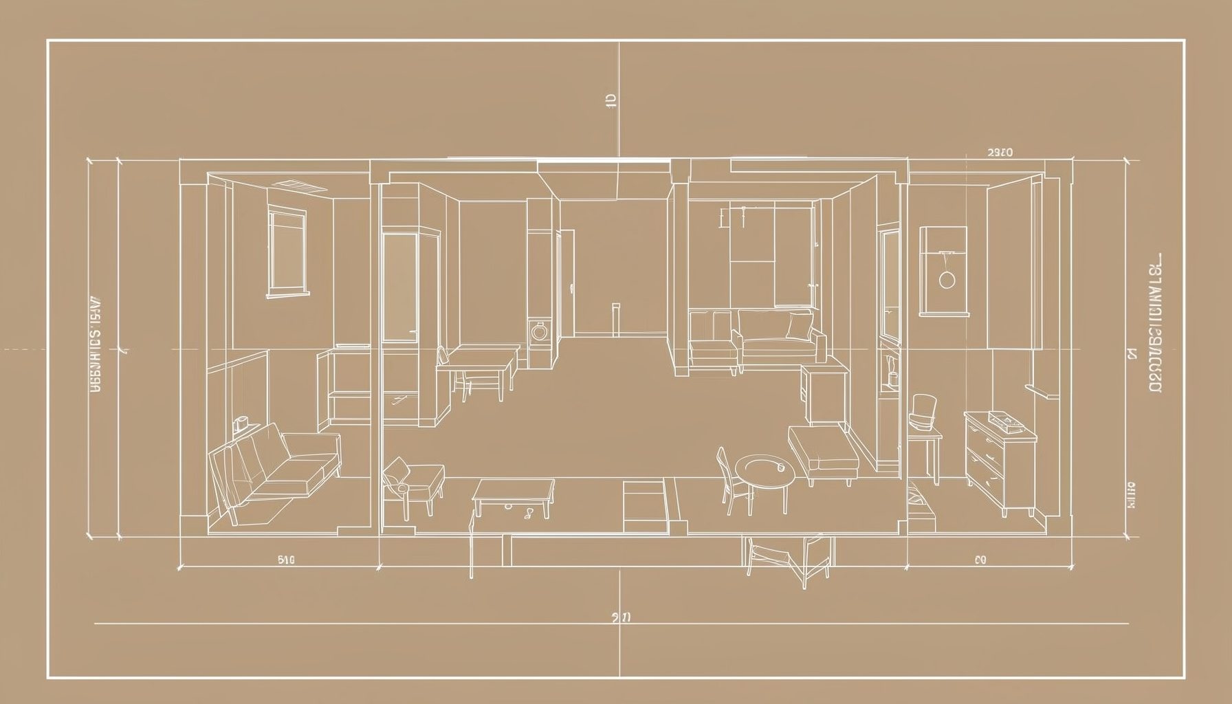 A large architectural blueprint drawing in charcoal and warm taupe tones depicting an open interior floor plan with simple furniture outlines, calm and orderly mood