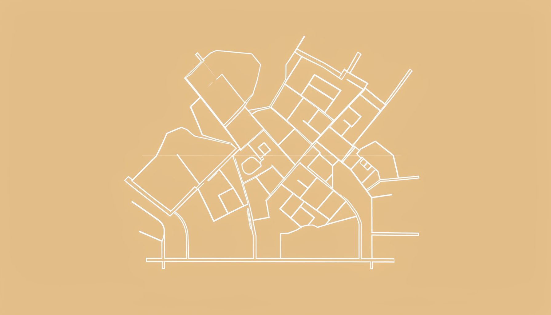 A soft blueprint-style illustration in warm beige and charcoal tones depicting a simple neighborhood map outline, calm and orderly mood