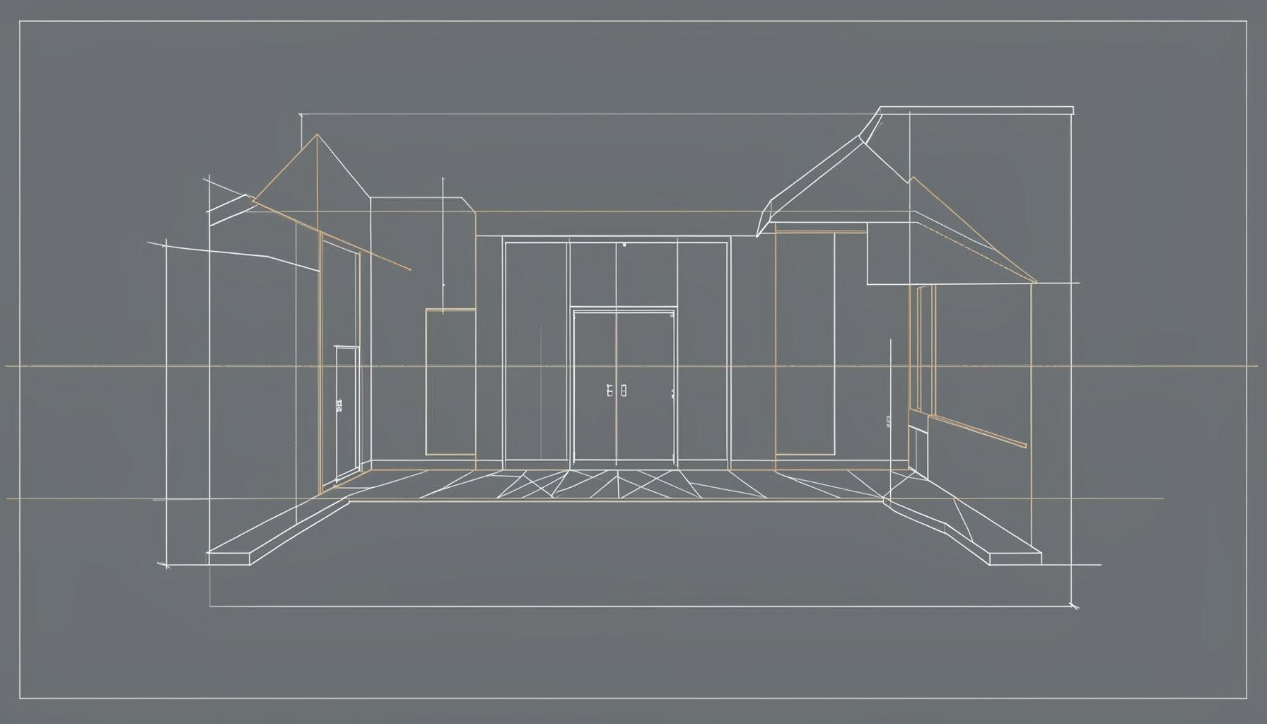 A wide blueprint-style illustration in slate gray and warm taupe lines depicting a courtyard outline with simple linework, quiet mood