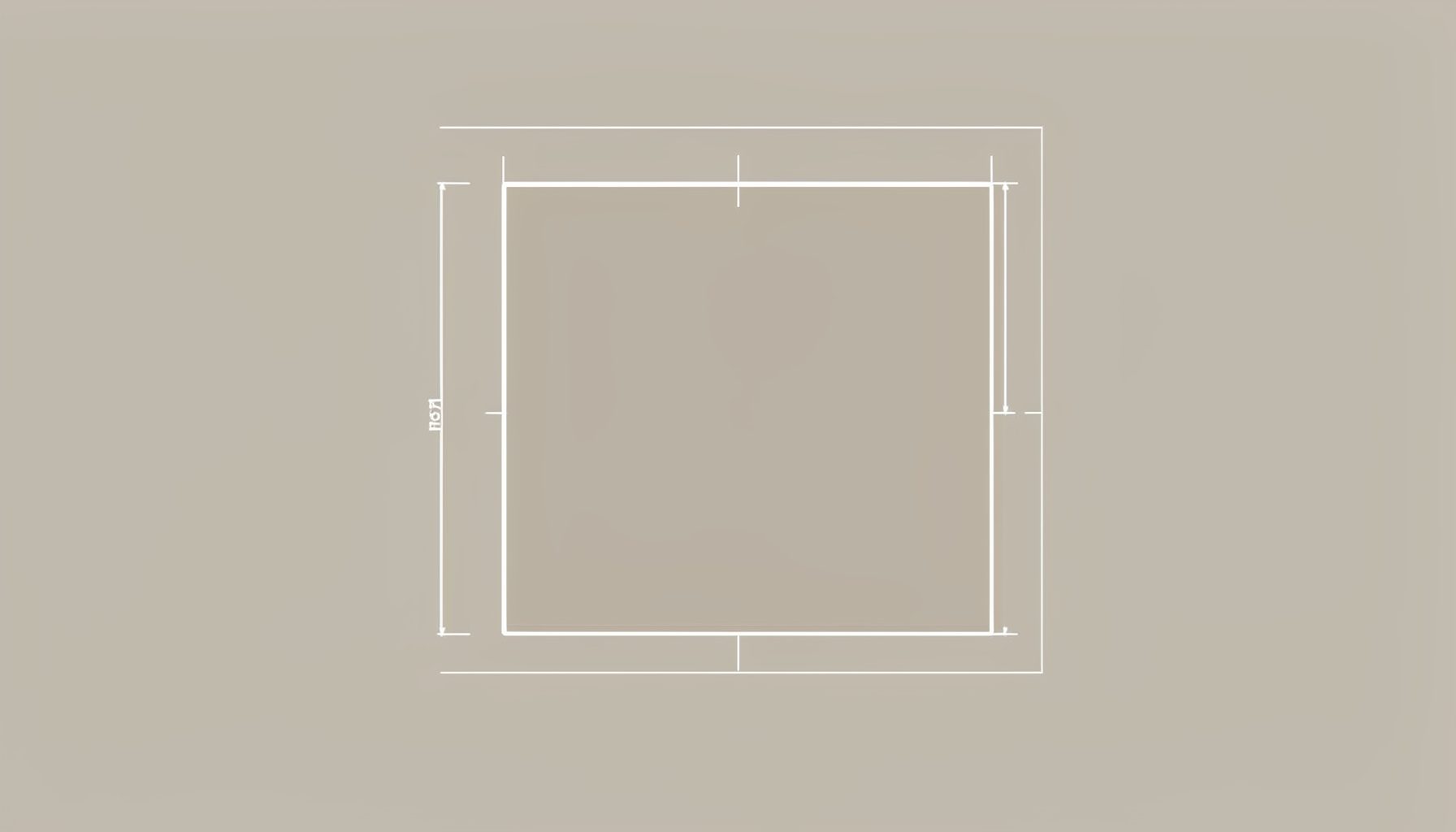 A small square technical blueprint sketch in muted beige and gray tones showing a basic floor outline, calm and orderly mood