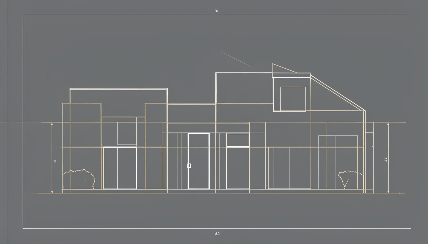 A wide blueprint-style illustration in charcoal and beige lines depicting an exterior building outline with simple geometric shapes, calm mood